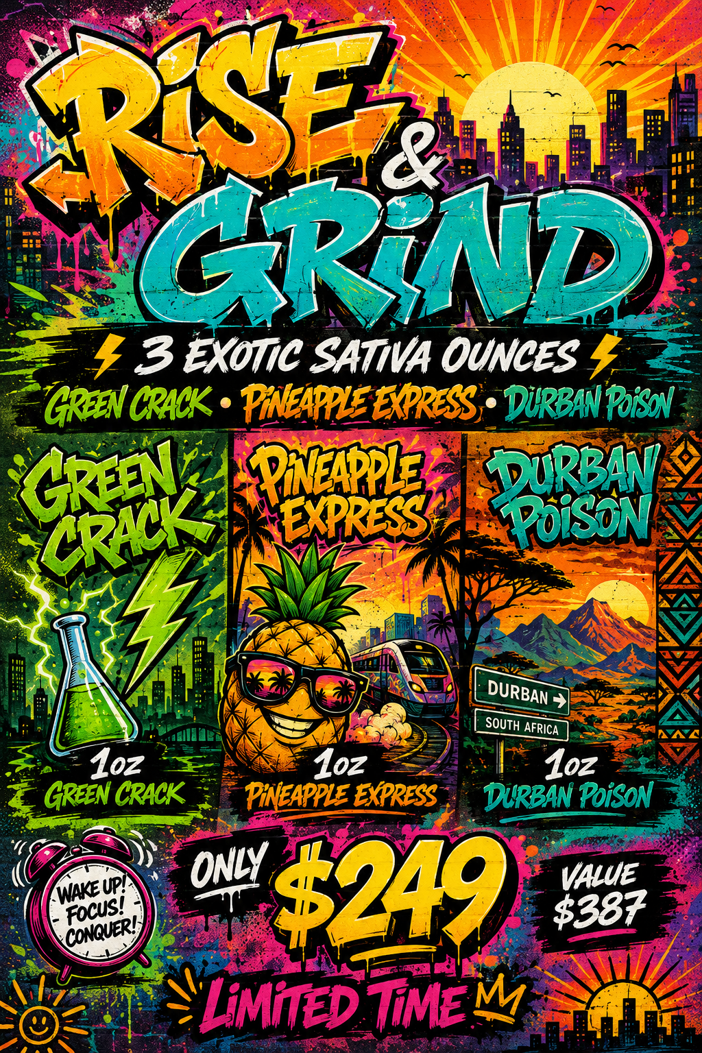 Rise and Grind Bundle 3oz  - Pineapple Express, Green Crack, Durban Poison
