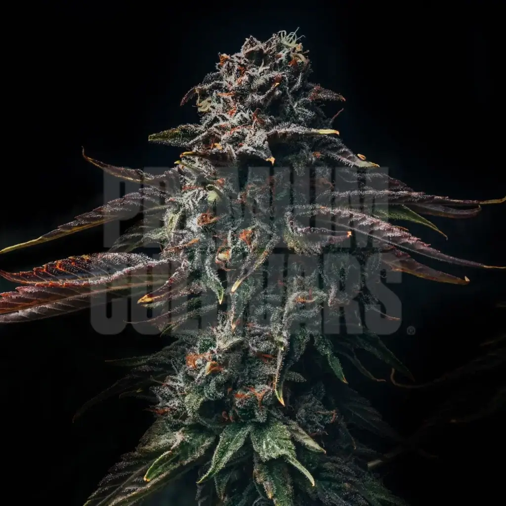 Watermelon Zkittlez strain. The bud is covered in frosty trichomes, giving it a sparkling, crystalline appearance. The surrounding leaves are dark purple, almost black, with some green leaves visible near the bottom. Shop Watermelon Zkittlez seeds from Premium Cultivars.